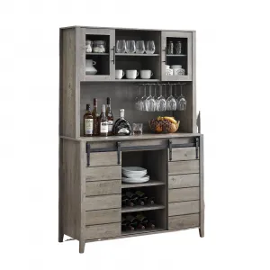 70'' Wine Coffee Bar Cabinet with Storage Hutch, Tall Kitchen Pantry Liquor Cabinet with Sliding Barn Doors, Bottle Glasses Rack, Farmhouse Buffet for Home Dining Room, Grey