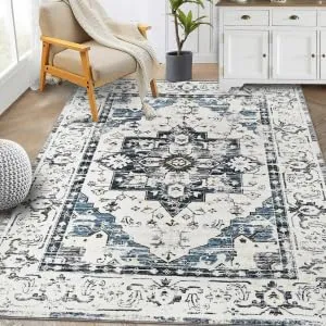 Boho Washable Rug for Living Room, 5x7 Area Rugs Non Slip, Blue Large Carpet for Kitchen Bathroom Bedroom Entryway Laundry Living Room
