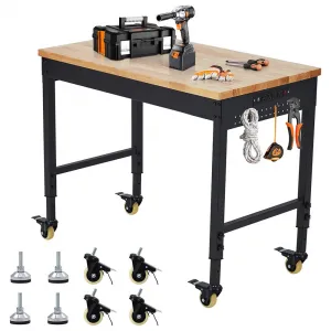 48x24 Inch Adjustable Workbench for Garage Workbench, Rubber Wood Top Heavy-Duty Worktable Adjustable Workstation with 4 Rolling Casters, 2000 LBS Load Capacity Work Table for Workshop Office, Power Outlets
