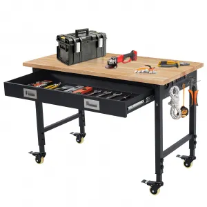 48" x 24" Adjustable Workbench, 2000 lbs Capacity Heavy Duty Rubber Wood Table with Drawer & 4 Rolling Casters, Metal Frame, Wood Top Workstation for Workshop Office Home Garage - without back panel light strip
