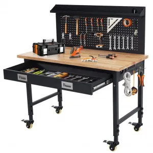 48"x 24" Workbench for Garage, Heavy Duty Workstation with Drawer Storage, Backplate, 2000LB Load Capacity, Multipurpose Rubber Wood Shop Table with Power Outlets, Hooks, Hardwood Workbench
