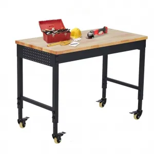 60" x 22" Adjustable Workbench 2000 Lbs Capacity, Rubber Wood Table Heavy Duty Workstation with Hardwood Top, Power Outlets, Metal Frame, Swivel Casters, Garage Table for Workshop Office Home
