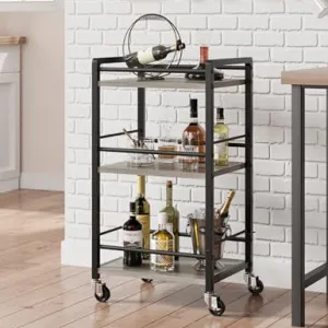 Mini Bar Cart with Wheels, 3 Tier Rolling Utility Storage, Metal Frame, Wooden Top, Lockable Wheels, Ideal for Kitchen, Dining, Living Room