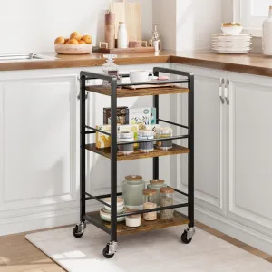 Mini Bar Cart with Wheels, 3 Tier Rolling Utility Storage Carts, Metal Frame, Wooden Top, Lockable Wheels, for Kitchen Dining Living Room