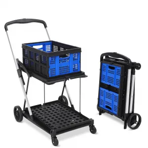 2-Tier Folding Shopping Cart with Wheels, Collapsible Service Cart with Storage Crate, Utility Carts, 200LBS High-Capacity Storage Outdoor Wagon for Groceries, Hand Truck