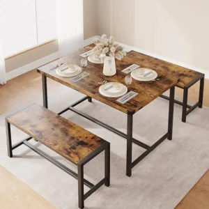 Dining Table Set for 4, Kitchen Table with Benches, Rectangular Dining Room Table Set with 2 Metal Wood Benches, 3 Piece Dining Table Set for Small Space, Apartment, Dinette, Vintage