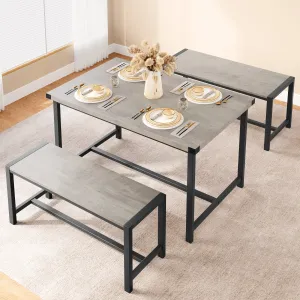 Dining Table Set for 4, Kitchen Table with Benches, Rectangular Dining Room Table Set with 2 Metal Wood Benches, 3 Piece Dining Table Set for Small Space, Apartment, Dinette, Retro Gray
