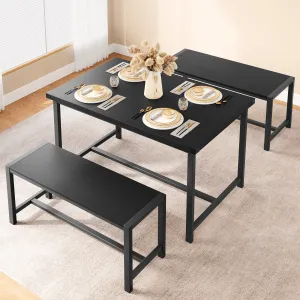 Dining Table Set for 4, Kitchen Table with Benches, Rectangular Dining Room Table Set with 2 Metal Wood Benches, 3 Piece Dining Table Set for Small Space, Apartment, Dinette, Retro Black