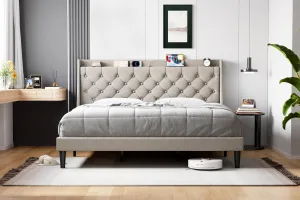Full Upholstered Bed Frame with Wingback Headboard, Luxurious Linen, Storage Shelf, USB Ports, Light Gray