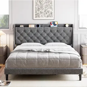 Queen Size Bed Frame with Charging Station, Storage Shelf, Upholstered Platform, Button Tufted, No Box Spring, Easy Assembly, 7 Sturdy Legs, 16" Wingback, 8" Underbed Room