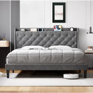 King Size Bed Frame with Charging Station and Wingback Storage Headboard, Button Tufted Upholstered Platform Bed with Adjustable Headboard, No Box Spring Needed, Noise-Free, Easy Assembly, Grey