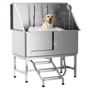 50" Dog Grooming Bathtub, Professional Stainless Steel Pet Dog Bathing Station for Large Pets, Left Door & Stairs with Faucet, Sprayer, Drain