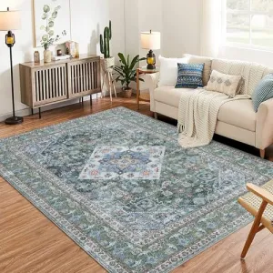 Washable Oriental Area Rug, 3x5 Vintage Design Printed Floral Carpet, Stain Resistant with Non Slip Rubber Back for Living Room Bedroom Dining Home Office