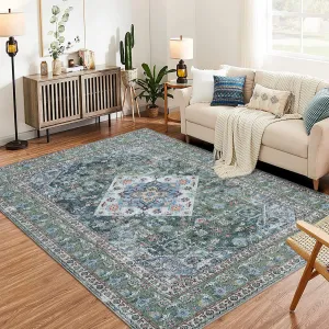 Washable Oriental Area Rug, 9x12 Vintage Design Printed Floral Carpet, Stain Resistant with Non Slip Rubber Back for Living Room Bedroom Dining Home Office