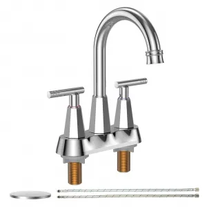 Bathroom Faucets for Sink 3 Hole, 4 inch Centerset Brushed Nickel Bathroom Sink Faucet with Pop-up Drain and 2 Supply Hoses, Stainless Steel Lead-Free 2-Handle Faucet