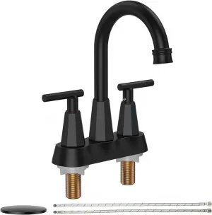 Bathroom Faucets for Sink 3 Hole, 4 inch Centerset Brushed Nickel Bathroom Sink Faucet with Pop-up Drain and 2 Supply Hoses, Stainless Steel Lead-Free 2-Handle Faucet - Matte Black