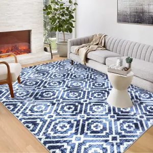 Machine Washable Area Rug 5x7 Modern Geometric Area Rug for Living Room Bedroom Contemporary Moroccan Non-Slip Stain Resistant Accent Rug Carpet for Home Decor Floor Decoration, Blue