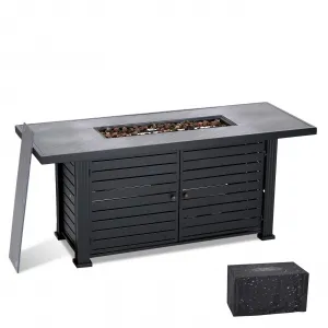 57" Gas Fire Pit Table - 50,000 BTU Outdoor Propane Fire Pit with Lid, Rain Cover & Volcanic Rocks, Rectangular Metal Table for Patio & Garden
