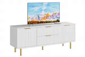 White TV Stand for 65+ Inch TV, Modern Living Room Entertainment Center with Storage Cabinets, Waveform Panel Wood TV Cabinets with 2 Doors and Drawers, White TV Console for Bedroom