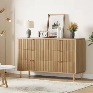Natural Dresser, Modern 6 Drawer Dresser for Bedroom with Gold Handle and Large Drawer, Wood Double Chest of Drawers and Storage Organizer for Living Room, Hallway, Entryway