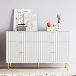 White 6 Drawer Dresser for Bedroom, 56” Wide Wood Dresser, Dresser Organizer with Metal Handle and Legs, Chest of Drawers for Living Room, Bedroom