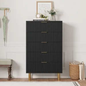 Black Dresser, Modern 5 Drawer Dresser for Bedroom with Gold Handle and Large Drawer, Wood Double Chest of Drawers and Storage Organizer for Living Room, Hallway, Entryway