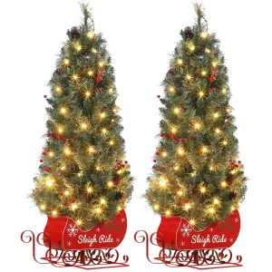 4.5ft Small Prelit Christmas Tree with 85 LED Lights, Tabletop Xmas Tree with Sleigh Base, Red Berries, Lighted Artificial Pine Christmas Tree for Home Party Decoration, 2 PCS