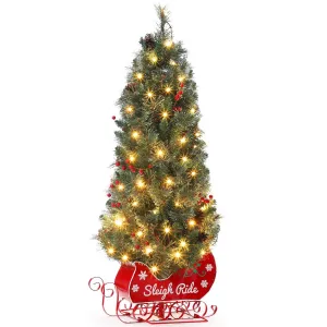 4ft Christmas Tree with 85 Lights, Pre-Lit Artificial Desktop Xmas Tree with 8 Mode Includes Red Berries & Sleigh Base for Holiday Indoor DIY Christmas Decor, 1 PCS