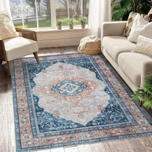 8x10 Area Rug Vintage Distressed Machine Washable Area Rug for Living Room Bedroom Traditional Medallion Non-Slip Stain Resistant Accent Rug Carpet for Home Decor Floor Decoration, Blue