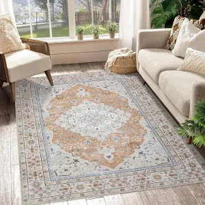 8x10 Area Rug Vintage Distressed Machine Washable Area Rug for Living Room Bedroom Traditional Medallion Non-Slip Stain Resistant Accent Rug Carpet for Home Floor Decoration, Orange