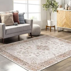 9x12 Area Rug Large Vintage Distressed Machine Washable Area Rug for Living Room Traditional Medallion Non-Slip Stain Resistant Accent Rug Carpet for Bedroom Decoration, Orange