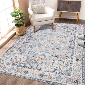 Washable Rug Blue 10x13 Area Rug Living Room Boho Vintage Rug Non Slip Throw Rugs Floral Bohemian Large Area Rug for Bedroom Low Pile Stain Resistant Carpet for Dining Room
