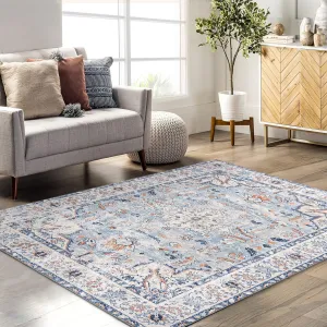 9x12 Area Rug Large Vintage Distressed Machine Washable Area Rug for Living Room Traditional Medallion Non-Slip Stain Resistant Accent Rug Carpet for Home Decor Floor Decoration, Blue