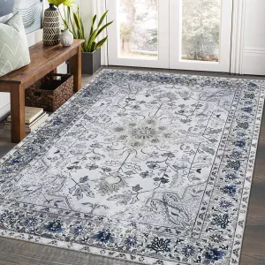 Machine Washable Area Rug 5x7 Vintage Distressed Area Rug for Living Room Bedroom Traditional Medallion Non-Slip Stain Resistant Accent Rug Carpet for Home Floor Decoration, Grey