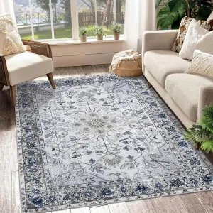 8x10 Area Rug Vintage Distressed Machine Washable Area Rug for Living Room Bedroom Traditional Medallion Non-Slip Stain Resistant Accent Rug Carpet for Home Floor Decoration, Grey