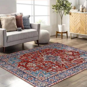 9x12 Area Rug Large Vintage Distressed Machine Washable Area Rug for Living Room Traditional Medallion Non-Slip Stain Resistant Accent Rug Carpet for Bedroom Decoration, Red