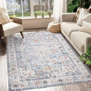 Machine Washable Area Rug 5x7 Vintage Distressed Area Rug for Living Room Bedroom Traditional Medallion Non-Slip Stain Resistant Accent Rug Carpet for Home Decor Floor Decoration, Blue