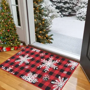 Christmas Doormat Buffalo Plaid Door Mat Snowflakes Xmas Checkered Rugs for Home Decoration Indoor/Outdoor Welcome Mat Floor Mat Porch/Kitchen/Farmhouse/Entry, 17x29 Inch
