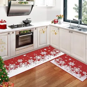 Christmas Kitchen Rug Sets Xmas Holiday Christmas Snowflake Kitchen Mat Sets 2 Pieces Non-Slip Doormat Area Runner Rug Set Floor Mat for Home Decoration, 17"x29"+17"x47"