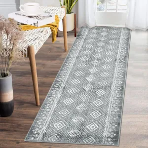 Runner Rug 2x6 Boho Throw Rugs with Rubber Backing Washable Rugs Non Slip Carpet Kitchen Rugs Geometric Rug Soft Rug No Shedding Floor Mats Geometric Area Rug for Hallways Entry Rug Grey 2'x6'