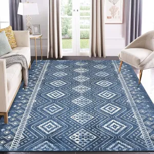 Washable Rug 9x12 Modern Geometric Area Rug Non Slip Large Area Rug Low Pile Farmhouse Rug Non Shedding Distressed Throw Rugs Floor Carpet for Living Room Bedrooms, Navy