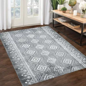 Washable Rug 9x12 Modern Geometric Area Rug Non Slip Large Area Rug Low Pile Farmhouse Rug Non Shedding Distressed Throw Rugs Floor Carpet for Living Room Bedrooms, Grey