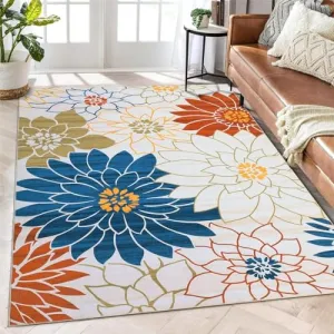 Floral Rug 4x6 Washable Area Rug Modern Accent Distressed Throw Rugs Non Slip Non Shedding Indoor Carpet Low Pile Rug for Living Room Bedrooms Decor, Beige