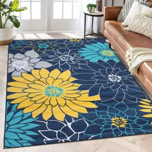 Floral Farmhouse Distressed 9x12 Area Rug | Washable Non-Slip Low Pile & Non-Shedding | Large Accent Rug for Living Room, Bedroom Decor