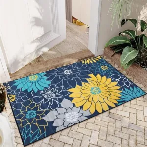 Small Area Rug 2x3 Modern Floral Area Rug Washable Kitchen Rug Soft Non-Slip Low Pile Front Door Rug Non Shedding Throw Entry Rugs for Entrance, Navy