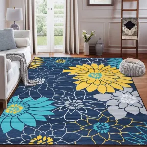 Floral Area Rug for Living Room 4x6 Rug Washable Non-Slip Soft Rugs for Bedroom Throw Boho Dining Room Rug Blue Modern Print Indoor Floor Carpet for Office Kitchen Entryway
