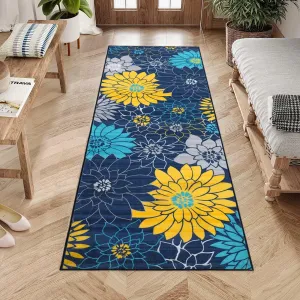 Runner Rug 2x6 Floral Washable Kitchen Runner Rugs Modern Farmhouse Easy-Cleaning Hallway Rug with Rubber Backing Non Shedding Carpet for Laundry Room, Navy