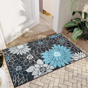 Small Area Rug 2x3 Modern Floral Area Rug Washable Kitchen Rug Soft Non-Slip Low Pile Front Door Rug Non Shedding Throw Entry Rugs for Entrance, Dark Grey