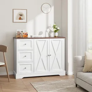 Buffet Cabinet with Storage, Farmhouse Kitchen Cabinet with 3 Drawers and 2 Doors, Storage Cabinet for Kitchen, Dining Living Room, White
