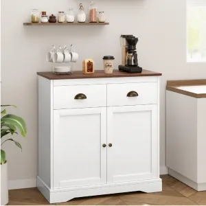 Coffee Bar Cabinet, Modern Farmhouse Buffet Cabinet with 2 Drawers and Adjustable Shelf, Double Door Kitchen Cabinet, White